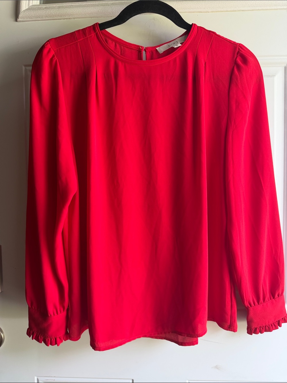 LOFT Bright Red Long-Sleeve Ruffle Cuff Blouse, medium.